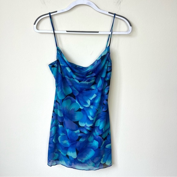 Vintage 90’s City Triangles Blue Floral Cowl Neck Mini Dress - Picture 1 of 4